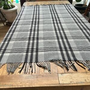 Lauren Ralph Lauren Throw Blanket Wool Blend Gray Plaid With Fringe 62"x52"